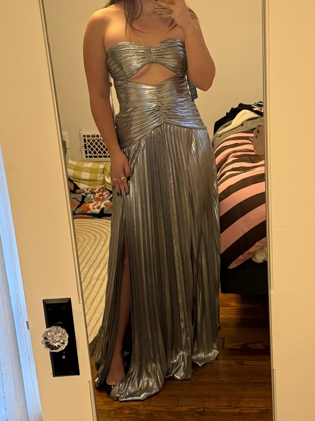 Retrofte Metallic Silver Strapless Maxi Dress With Front Cutout Never Worn